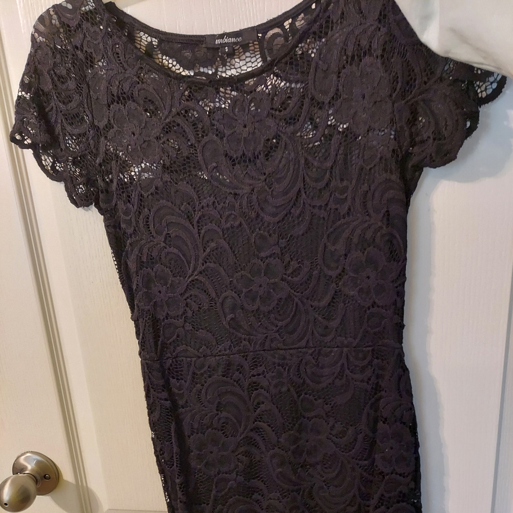 Ambiance Small fitted black floral lace dress.